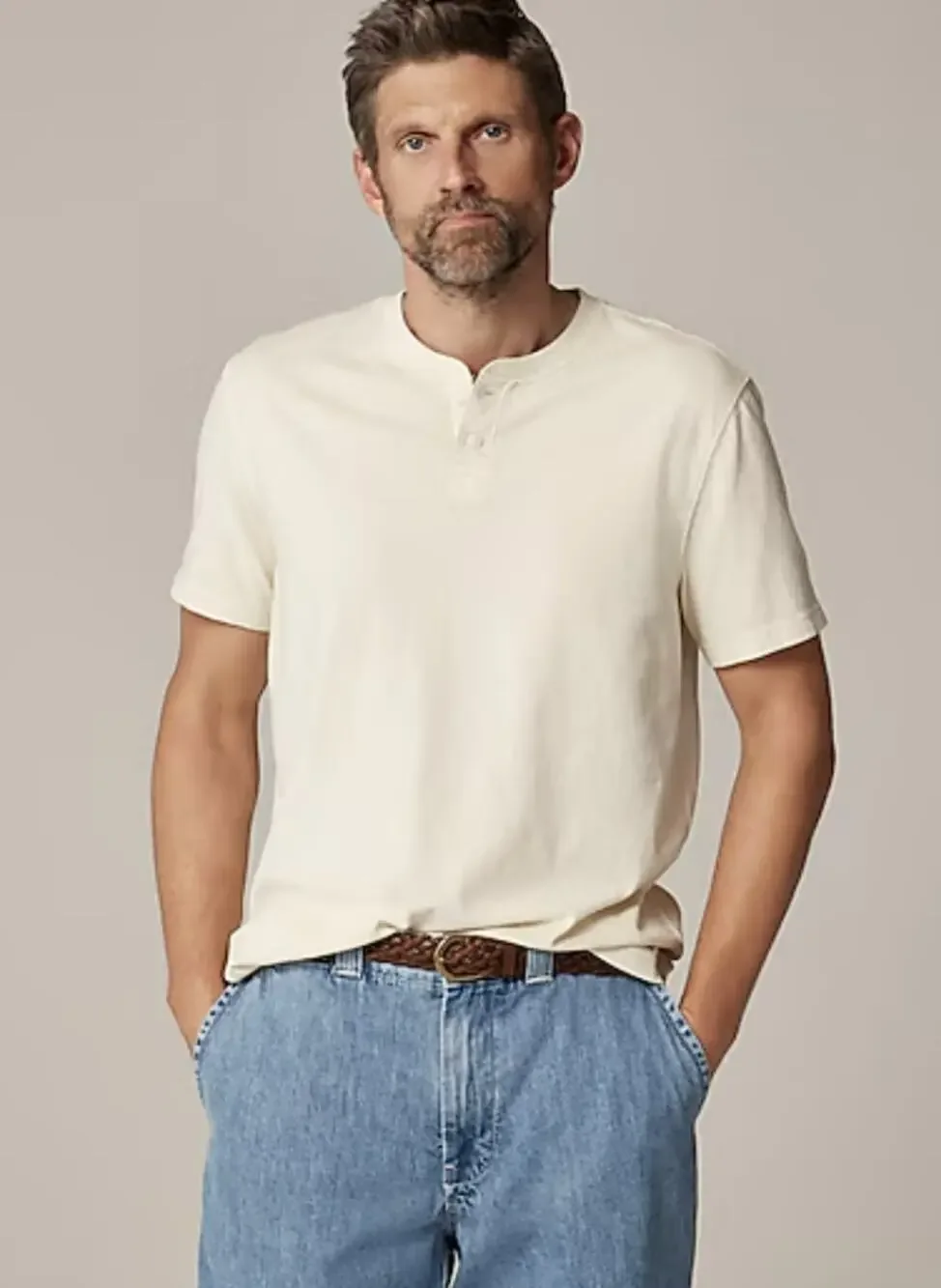 J.Crew Vintage Short-Sleeve Henley Shirt Men L Cream Crewneck CG175 Cotton Blend